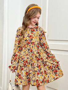 SHEIN Váy xếp nếp tay lỡ in họa tiết hoa bụi cho bé gái tuổi mới lớn - Màu Khaki - Xem 3