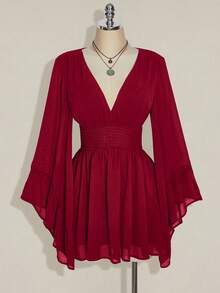 SHEIN ICON 加大码 V 领褶皱 A 字形连衣裙，喇叭袖，波西米亚风、嬉皮风、Y2K 风格，适合夏季、波西米亚风、暑假、音乐节、毕业典礼和返校服装 - 酒紅色 - 查看 3