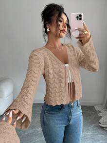 Elenzga Áo khoác len cardigan khoét lỗ thắt nơ phía trước thanh lịch dành cho nữ - Màu Khaki - Xem 1
