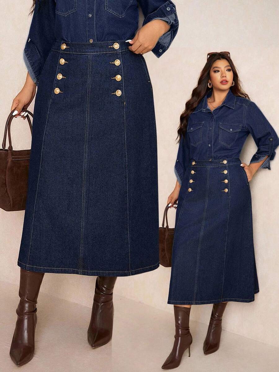 Elaquor 加大码深蓝色牛仔迷你裙，金色纽扣点缀，高腰直筒长裙，显瘦显瘦，法式优雅秋季款 - 深色水洗藍 - 查看 1