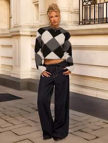 Avantive Fall/Autumn/Back To School/Country Concert/Concert/Going Out/Birthday/Halloween Costumes/Casual/Y2k/2000s/Y2k Y2k/90S/Sexy/Western Wear Women/Boho/Country/Club/Office /Cocktail/Vintage/Rave Festival/Classy/Old Money/Streetwear/Vacation/Country Concert/Work /Modest/Spring Break/Graduation/ Argyle Sweater/ Halloween/Diamond Pattern Crop Sweater Top - Multicolor - View 6