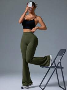 Gameset SHEIN Sport 高腰喇叭腿休闲运动裤 - 軍綠色 - 查看 6