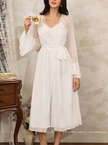 Côtesoire 法式优雅蕾丝女士睡衣套装，秋冬服装 - 白色 - 查看 4