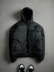 PAVTROS 男士字母印花拉链休闲连帽冬季外套，冬季，秋季 - 黑色 - 查看 3