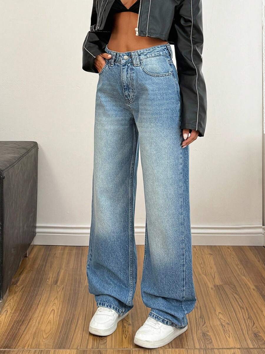 EURMUSE Damen Jeans mit hoher Taille, Waschung und Details, gerade geschnitten, lockere Jeans, Wide Leg Jeans, Baggy Jeans - Mittele Waschung - Übersicht 1