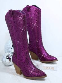 SHUZIA Botas altas de mujer de estilo western con brillantes de color púrpura, un éxito de : Elegancia misteriosa, clásico noble, versátil y sexy - Morado - Ver 2