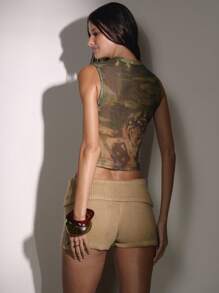 MUSERA 高领网纱印花镂空修身背心，秋季可爱乡村西部风夜店街头风Y2K潮流优雅假日派对春夏节日 - 墨綠色 - 查看 2