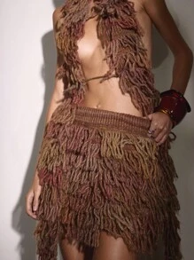 MUSERA Chân váy ngắn tua rua dệt kim, kiểu dáng dễ thương đồng quê miền Tây, thích hợp cho buổi tối đi chơi, tiệc mùa đông thanh lịch, tiệc tối, lễ hội mùa hè. - Gỗ đỏ - Xem 6