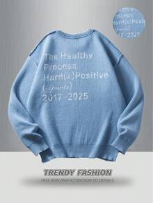 Manfinity Hypemode Men's Casual Letter Print Sweater, Autumn/Winter Back To School - Blue - View 1