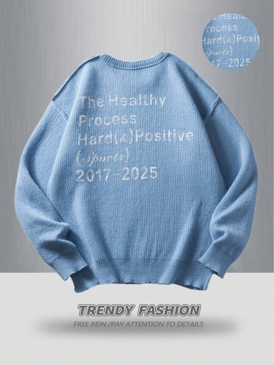 Manfinity Hypemode Men's Casual Letter Print Sweater, Autumn/Winter Back To School - Blue - View 1