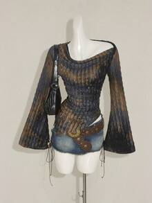 SHEIN ICON 秋季女式西部波西米亚风复古哥特露肩外出扎染印花不对称下摆长袖喇叭袖时尚T恤 - 彩色 - 查看 4