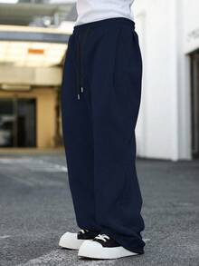 Manfinity Hypemode Men Drawstring Waist Wide Leg Sweatpants Wide Leg Sweatpantswide Leg Sweatpants Menwide Leg Joggersbaggy Pants Y2kblack Baggy Pants Mens Sweatpants Baggy - Navy Blue - View 3