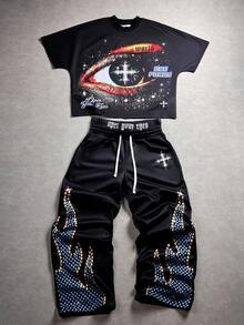 Manfinity EMRG Crew Neck Batwing Sleeve Cropped T-Shirt + Double-Headed Waist Sweatpants - A0094-XP , Men Street Wear Sets , Graphic Print Matching Set , Men Rave Outfit , Men Y2k Clothes , Men Graphic Print Set - Black - View 1