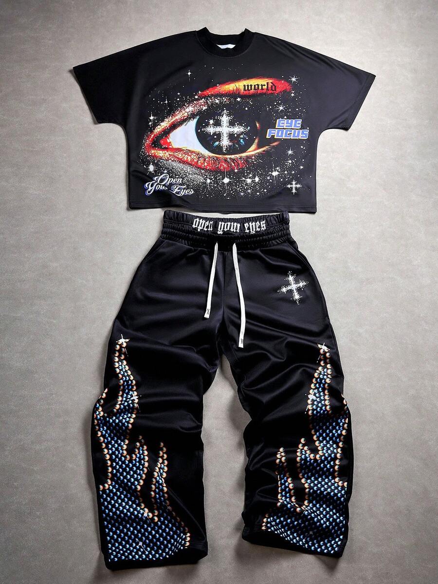 Manfinity EMRG Crew Neck Batwing Sleeve Cropped T-Shirt + Double-Headed Waist Sweatpants - A0094-XP , Men Street Wear Sets , Graphic Print Matching Set , Men Rave Outfit , Men Y2k Clothes , Men Graphic Print Set - Black - View 1