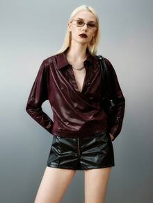 Airlisse Women's Autumn Stylish Textured V-Neck Waist Cinched Long Sleeve Blouse Fall Cloth For Women - Burgundy - View 5