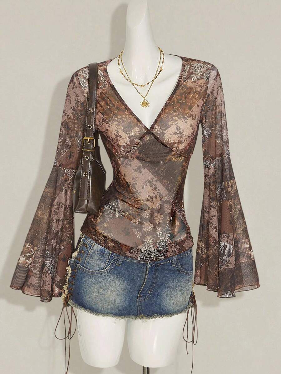 SHEIN ICON Women's Autumn And Winter Western Style Retro Sexy Hot Girl Y2K Bohemian Style See-Through Mesh Paisley Pattern Brown V-Neck Trumpet Sleeve Top