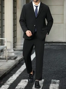 Manfinity Mode Plus Size Men's Casual Suit Set: Solid Color Lapel NeckLong Sleeve Jacket And Pants, Autumn - Black - View 3