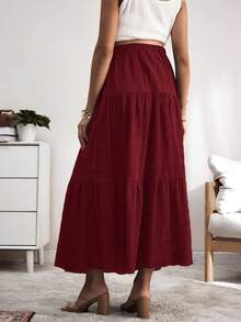 SHEIN Váy chữ A nhún bèo trơn màu cho bà bầu - Màu Đỏ Sâu - Xem 2