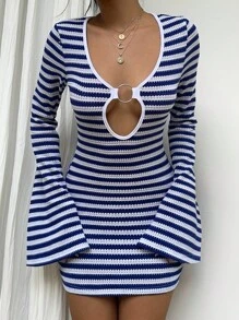 Lyxana Women's Casual Vacation Striped Knit Fabric Hollow A-Line Flare Long Sleeve Mini Dress, Autumn/Winter Fall Cloth For Women - Blue and White - View 6