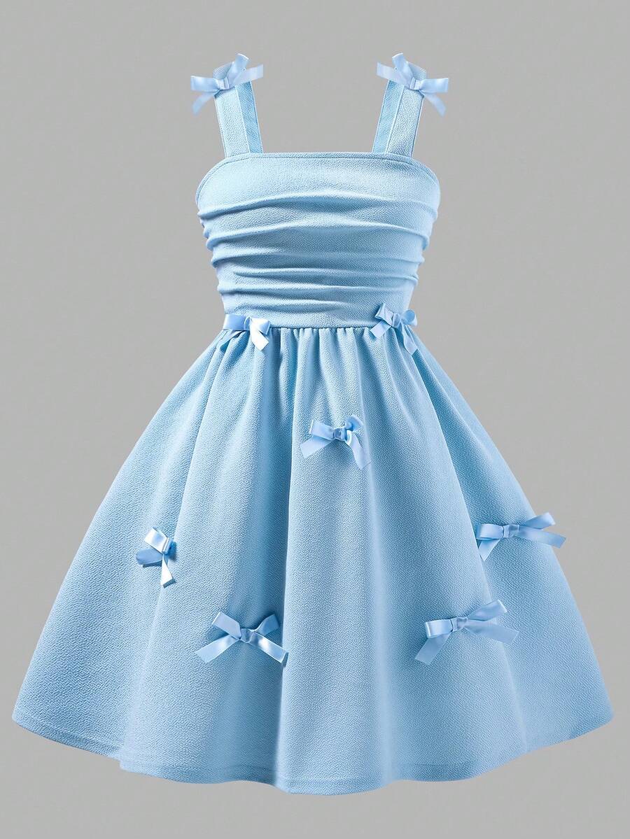Elladie kids Elegant Solid Color Ruffle Strap Dress With Bow Decor For Tween Girls, Suitable For Outings, Parties And Events, Spring/Summer - Blue - View 1