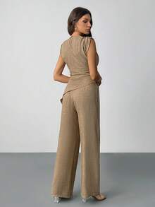 SHEIN Tall Khaki Minimalist Elegant Casual Commute Office Outfit: Sleeveless Asymmetric Ruched Waist Women's Blouse + Regular Ruched Wide Leg Women's Pants, Linen Commute Suit, Beach Outfits For Women, Airport Outfit, Vacation Outfits, Teacher Outfit,Elegant Women's Set,Brown ,Casual And Simple - Khaki - View 2