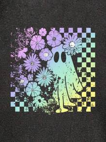 EMERY ROSE تي شيرت كاجوال قصيرة الأكمام بياقة مستديرة مطبوعة بزهور الأقحوان والأشباح للنساء ذوات الحجم الكبير، لمناسبة عيد الهالوين - رمادي غامق - مشاهدة 3