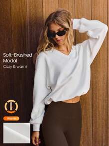 GLOWMODE Modal Get Comfy Ultra-Soft Smooth Loose Fit Adjustable Hem V-Neck Pullover Daily Casual Wear Fall Winter - White - View 9