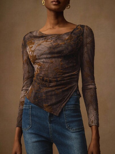 Vesra Camiseta feminina vintage com estampa floral, elegante, bainha assimétrica, justa, manga comprida