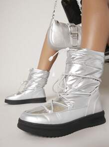 SHUZIA Metallic Lace Up Lug Sole Boots - Silver - View 6