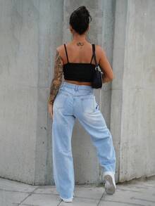 SAYEHFBABY 女式休闲做旧毛边洗水牛仔裤 - 淺色水洗藍 - 查看 2