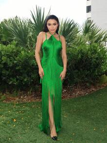 Durrani Popal Green Summer Fashion Halter Neck Plain Simple Handwoven Tassel Tube Shift Dress, Elegant & Classy For Cocktail Party, Formal Long Knit Gown For Women - Green - View 1