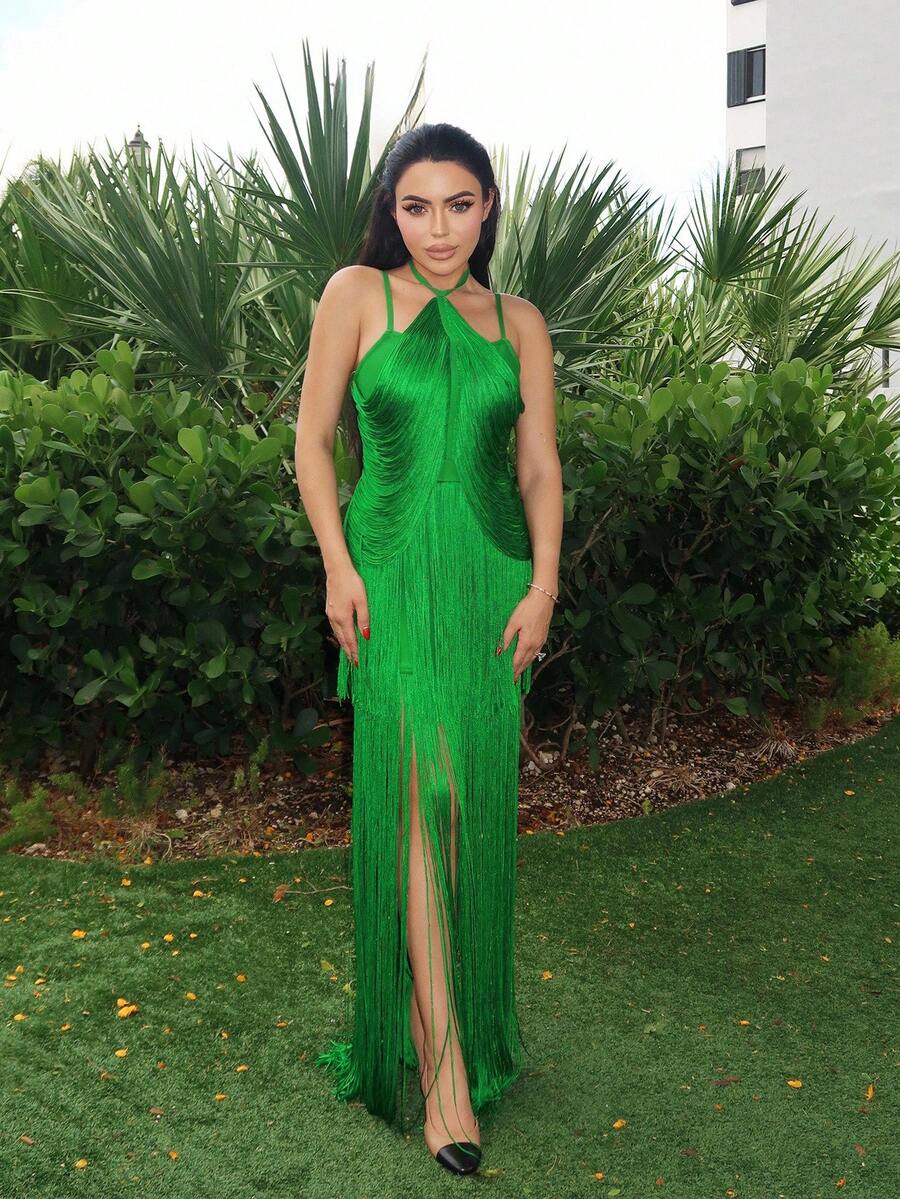 Durrani Popal Green Summer Fashion Halter Neck Plain Simple Handwoven Tassel Tube Shift Dress, Elegant & Classy For Cocktail Party, Formal Long Knit Gown For Women - Green - View 1