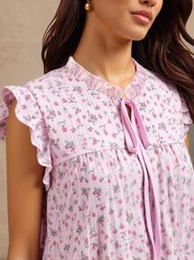 WESTFADE 碎花印花荷叶边立领蝴蝶结前蕾丝无袖迷你连衣裙 女式西部风