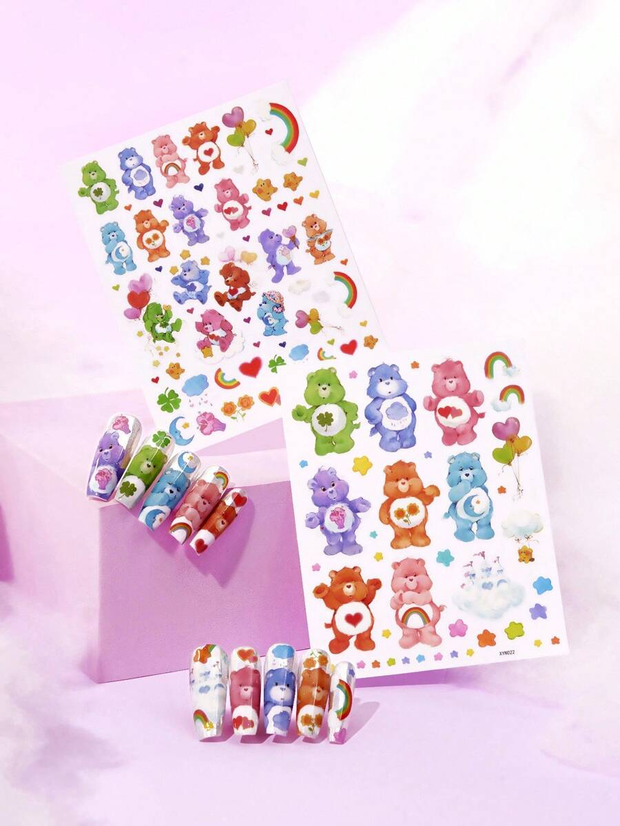 SHEIN X Care Bears 2 件/套可爱卡通熊装饰贴纸，可自由剪切、叠加和搭配，适用于装饰指甲、杯子、文具、日记本等。包括 Cheer Bear、Good Luck Bear、Funshine Bear、Share Bear、Love-A-Lot Bear - 彩色 - 查看 1
