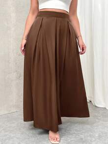 Firerie Damen Große Größen Grau Hohe Taille Maxi Plissee A-Linie Rock mit Taschen, Elastischer Bund, Herbst Schulanfang - Rostbraun - Übersicht 3