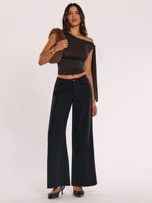 SHEIN BAE Pantalon ample et décontracté à jambes larges de couleur noire unie pour femmes, vêtements d'hiver pour femmes, bas de tenue de sortie, vêtements pour enseignantes/pantalons chics pour femmes, tenue de bureau/style old money pour femmes/tenue décontractée pour femmes d'affaires
