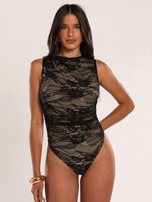 SHEIN BAE 女士花卉蕾丝无袖性感紧身衣 - 黑色 - 查看 3