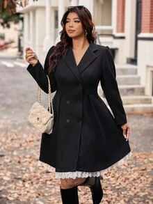 Vionelle 大码休闲翻领双排扣大衣，秋季西装连衣裙，女士燕尾服连衣裙，黑色蕾丝边长袖西装连衣裙，冬季西装连衣裙，秋冬季 - 黑色 - 查看 4