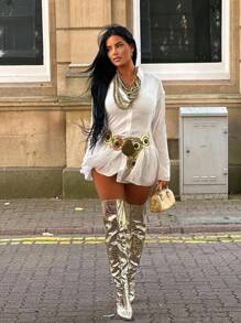 CUCCOO SZL 时尚欧美风格尖头过膝靴，细高跟，鹅卵石纹理，夜总会设计，万圣节圣诞节迪斯科派对性感夜总会坏人秋季 - 金色 - 查看 3