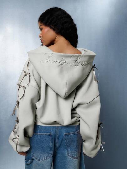 SUMWON WOMEN Society Sommar Broderad Croppad Sweatshirt Hel Dragkedja Huva Överdimensionerad Ballongärm Statement Höst Vinter Casual Loungewear Urban Streetwear Banddetalj