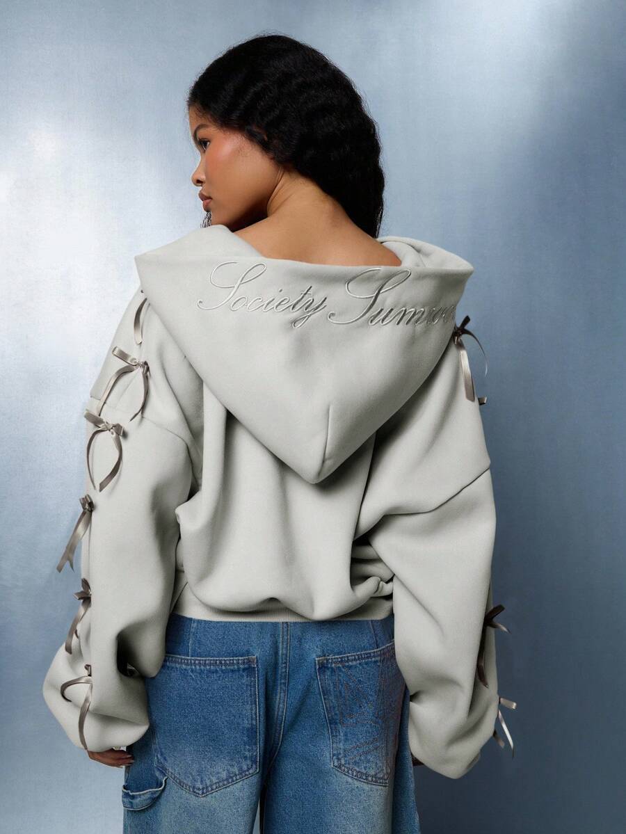SUMWON WOMEN Society Summer Embroidered Cropped Sweatshirt Full Zip Hood Oversized Balloon Sleeve Statement Fall Winter Casual Loungewear Urban Streetwear Ribbon Detail - Light Grey - View 1