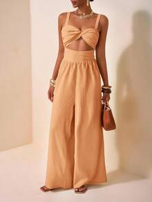 Zivah 2025新款春夏休闲度假扭纹吊带镂空后背纹理面料女长款阔腿裤卡其色婚礼季音乐节派对街头沙滩海边度假波西米亚风-A - 咖啡棕 - 查看 5