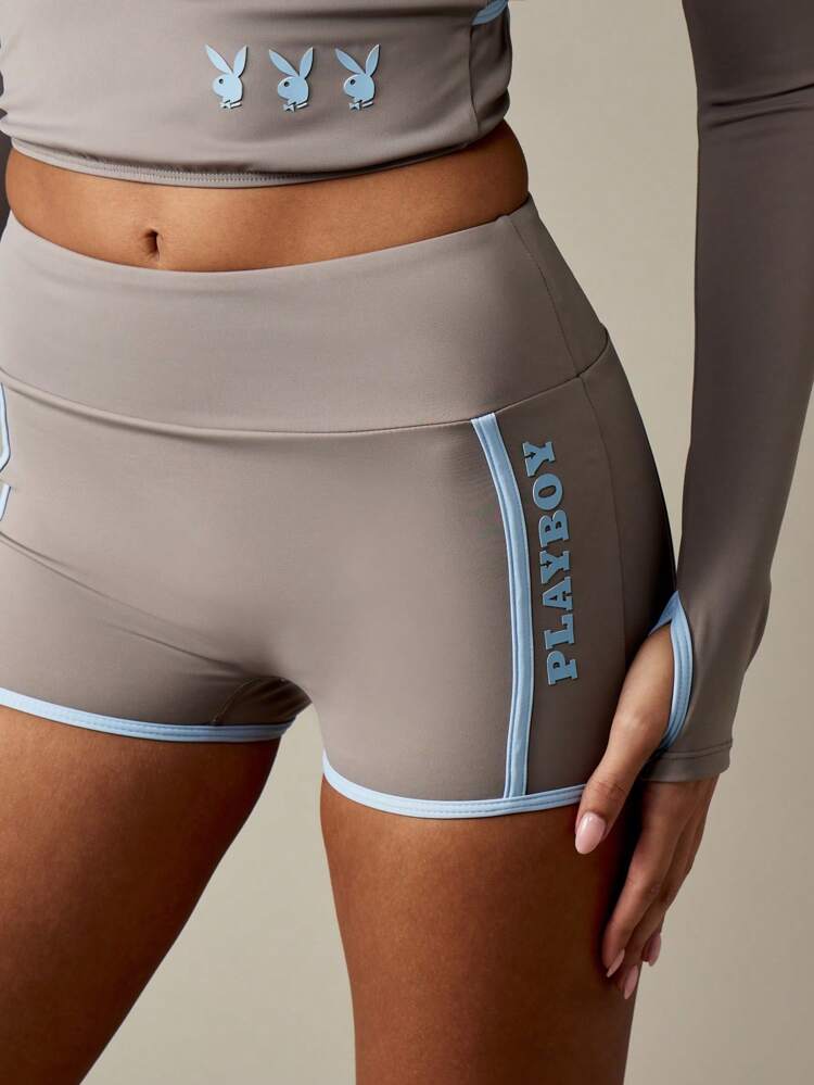 Missguided x Playboy Pantaloncini da ciclismo atletici, vita alta, lunghezza corta, aderenti, assorbenti l'umidità, con logo a coniglio, compressione performante, pantaloncini da allenamento, yoga, corsa, strato base per donna