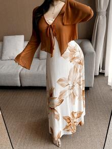 Flirla 大码女式纯色前系带荷叶边长袖和服罩衫及印花连衣裙优雅两件套 - 卡其色 - 查看 3