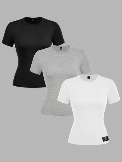 SHEIN EZwear 3pcs/Set Women's Black, Gray, White Round Neck Casual Slim Fit Long Sleeve T-Shirt Set, Suitable For SummerIn Fall/Winter