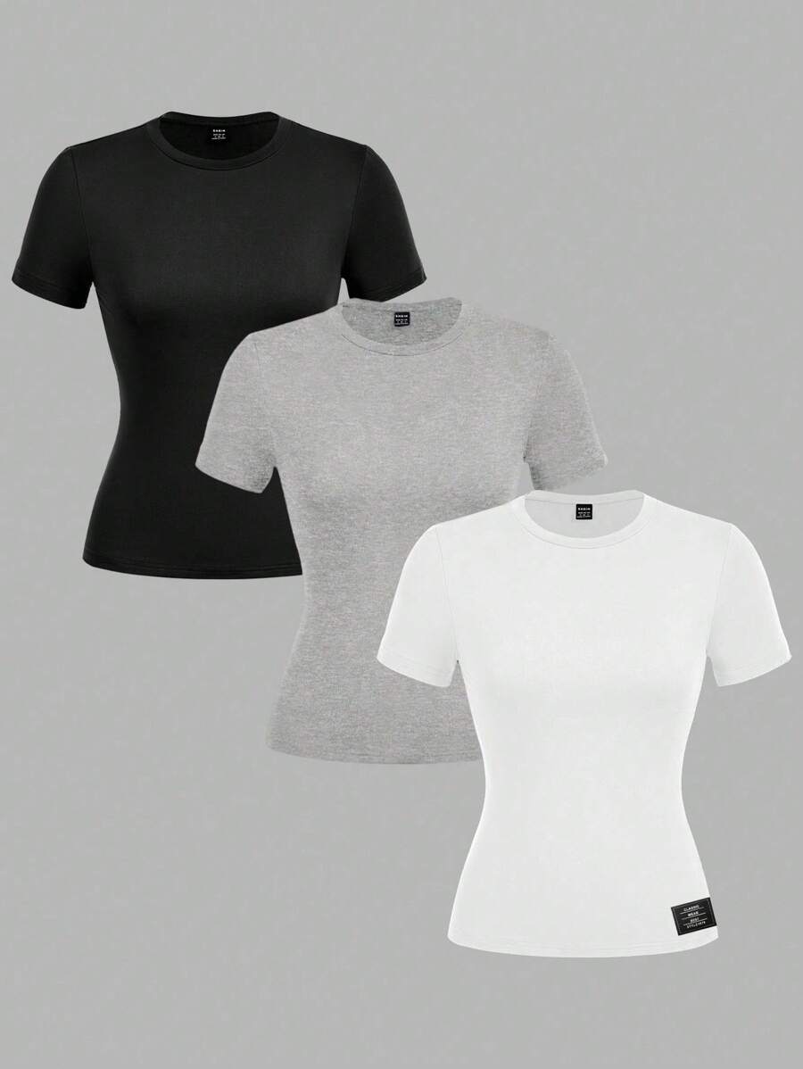 SHEIN EZwear 3 件套女士黑色、灰色、白色圆领休闲修身长袖 T 恤套装，适合夏季 - 彩色 - 查看 1