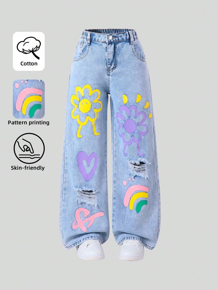 SHEIN Sparklyn Tween Girl Graffiti Distressed Wide-Leg Jeans , Loose & Cute Straight Leg Pants, School, Campus, College - Light Wash - View 1