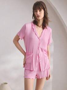 Ocili Soft Ribbed Contrast Color Ruffle Collar Short Sleeve & Shorts Pajama Set For Women - Pink - View 5