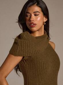 Aloruh Women's Autumn/Winter High Neck Wrap Fitted Ribbed Sweater Vest - Olive Green - View 6