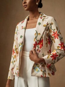Lyxana 1 Áo khoác Blazer nữ thêu lưới thanh lịch cài một nút - Màu be - Xem 4